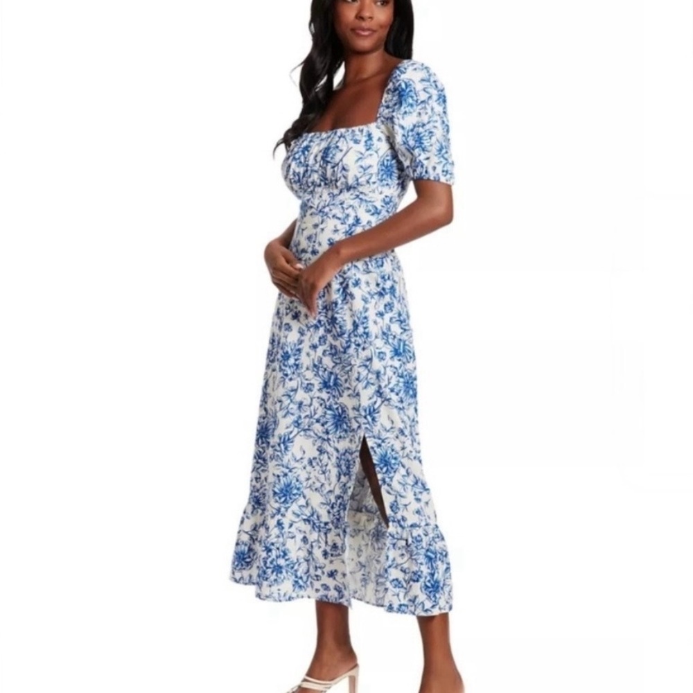 London Times White and Blue Floral Midi Dress